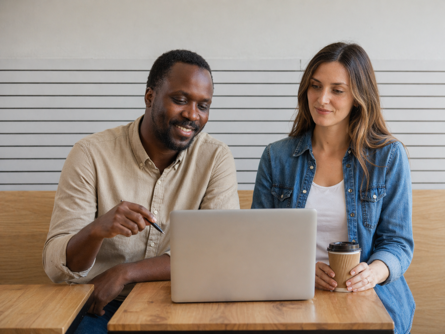 Zwei Personen am Laptop besprechen gemeinsam eine Social-Media-Strategie